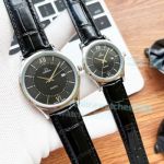 Super Replica Omega De Ville Black Dial Black Leather Strap Lovers Watches